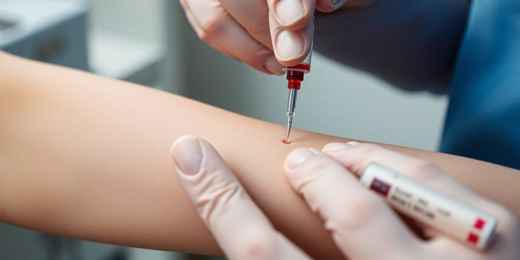 Close-up of a medical professional drawing blood for testing.