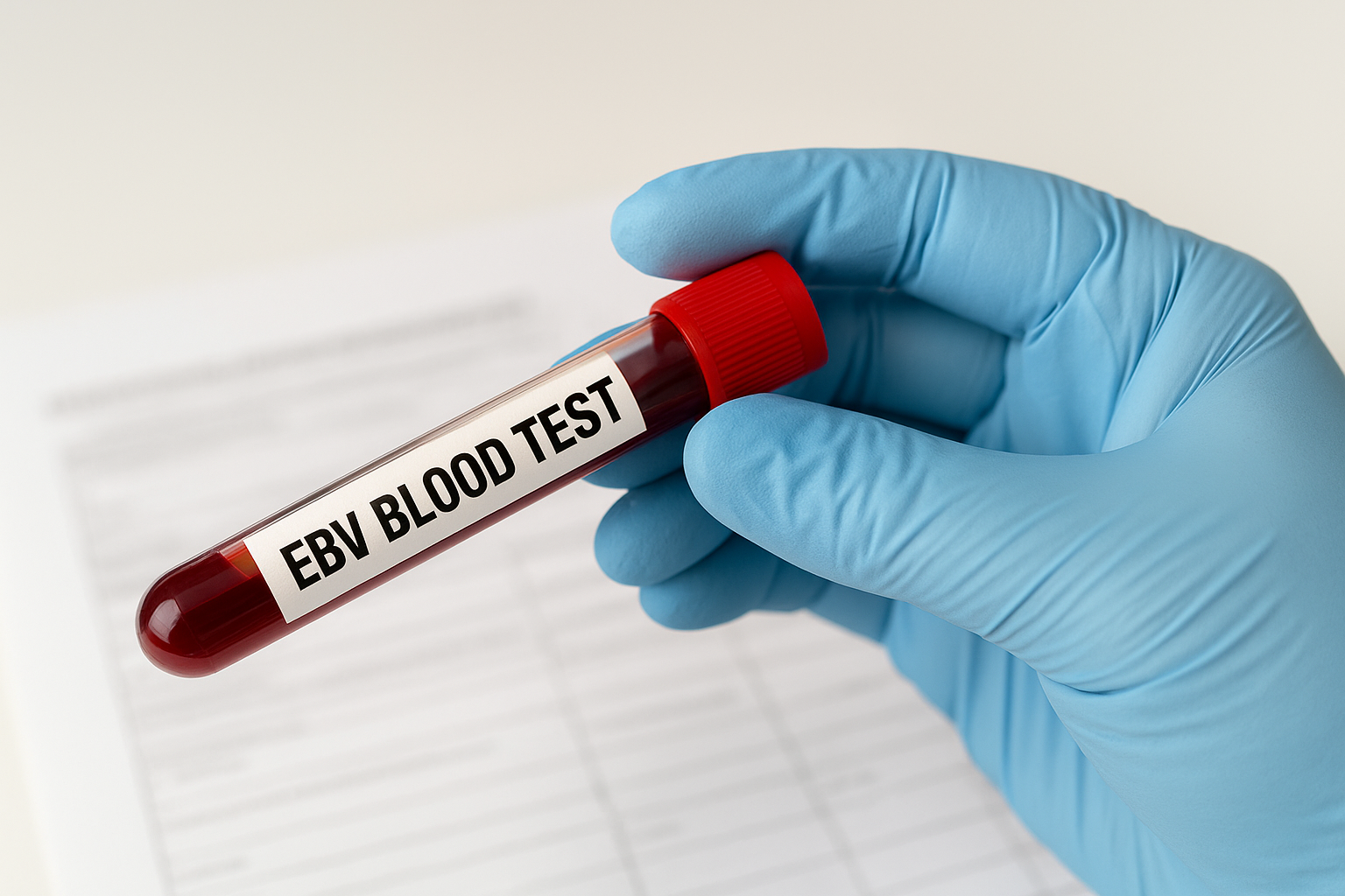 A gloved hand holds an EBV BLOOD TEST tube.