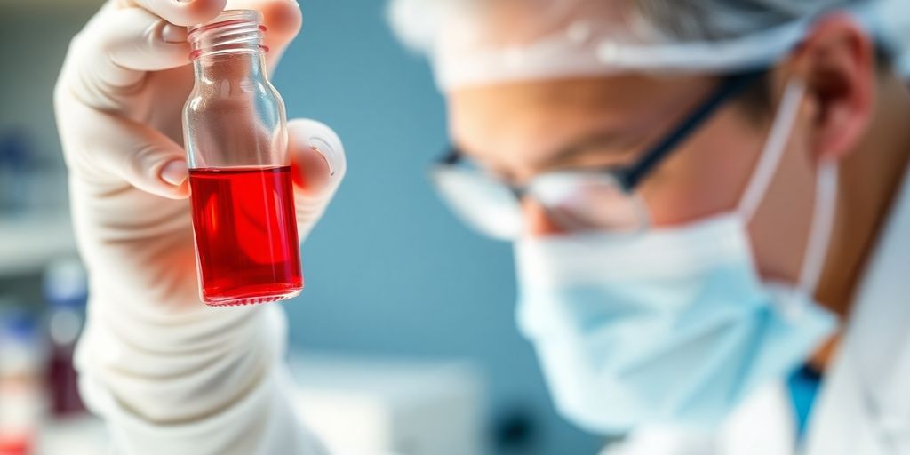 Person holds blood vial, doctor examines it.