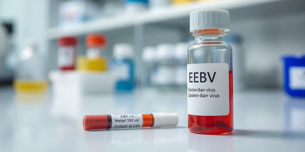 Close-up of blood vial with EBV test label.