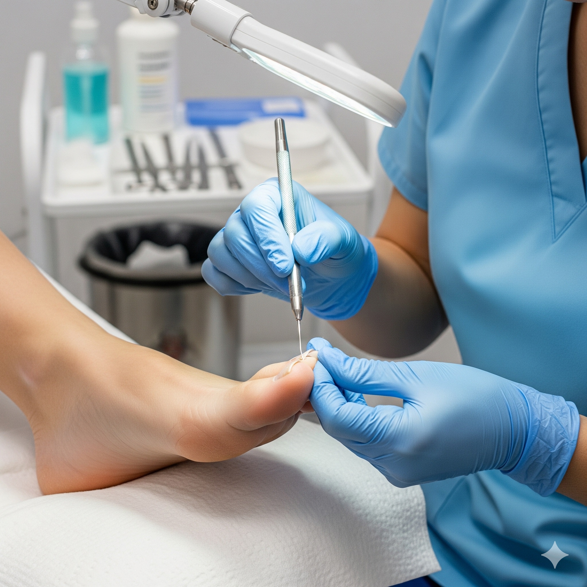Foot receiving professional medical pedicure treatment.