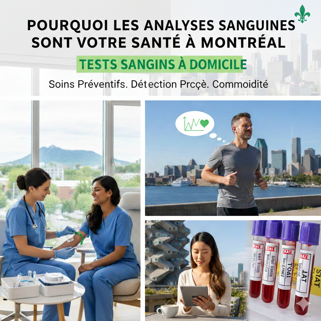 Pourquoi les tests sanguins à domicile sont essentiels pour la santé à Montréal Un collage pour A+ Solutions Soins à Domicile à Montréal montrant une infirmière effectuant une prise de sang à domicile, un homme faisant du jogging, une femme consultant ses résultats sur tablette et des éprouvettes médicales.