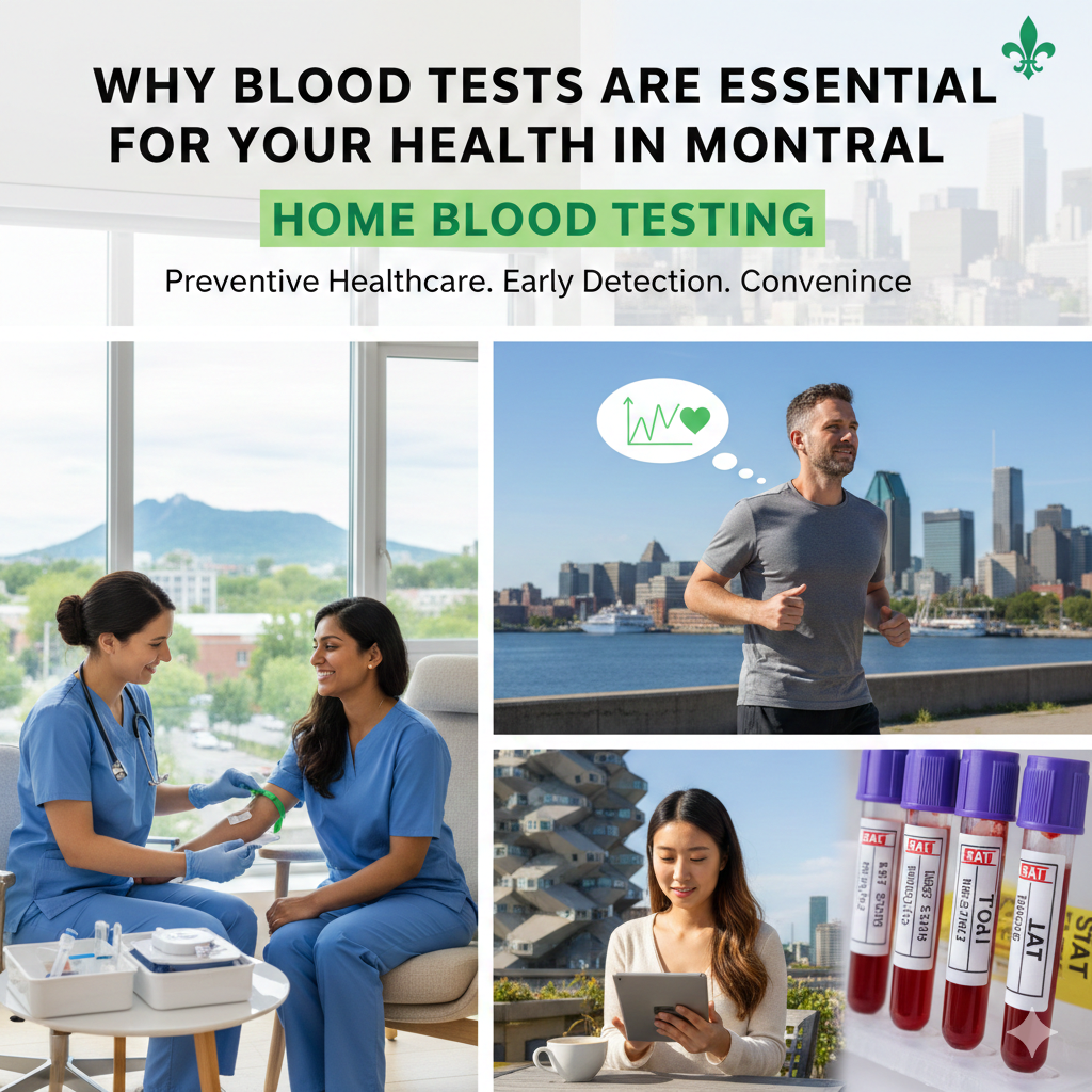 A collage for A+ Solutions Home Health Care in Montreal featuring a healthcare professional performing an at-home blood draw, a man jogging with a heart health icon, a woman reviewing results on a tablet, and medical vials.