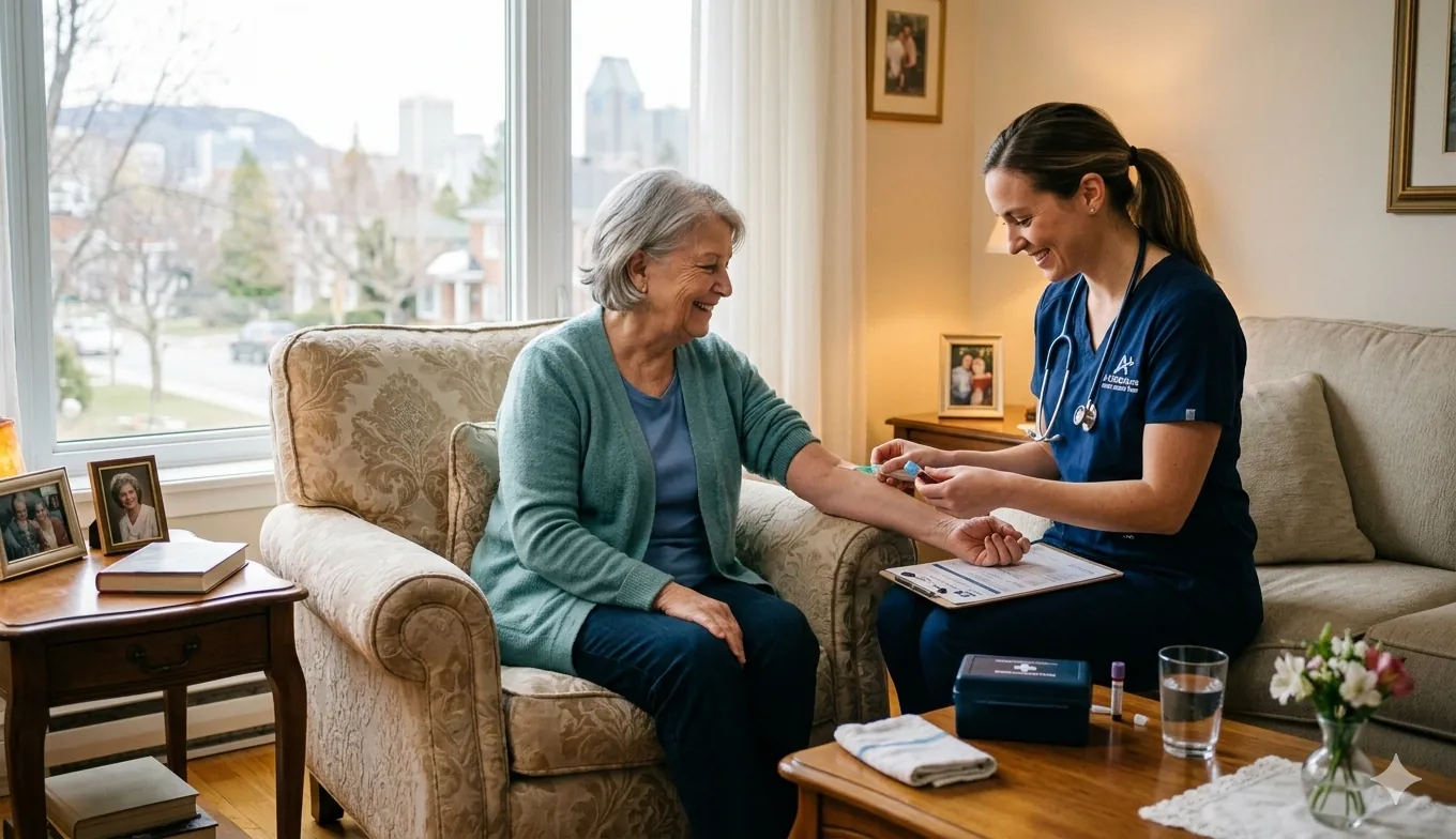 smiling-nurse-taking-blood-sample-for-home-blood-test-montreal-during-private-blood-test-montreal
