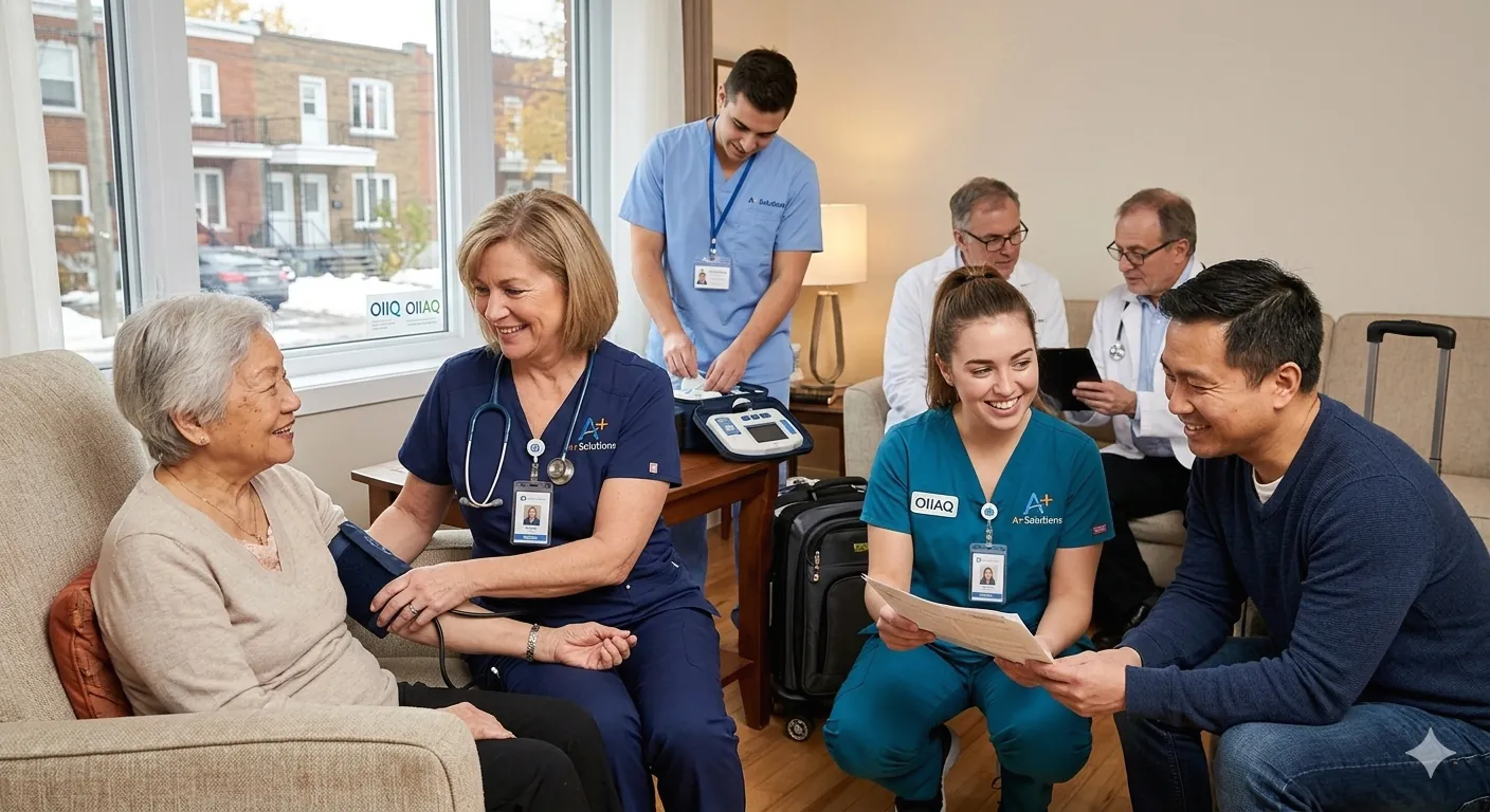 A multidisciplinary team of A+ Solutions private nurses and caregivers providing home health care to a senior in Montreal.