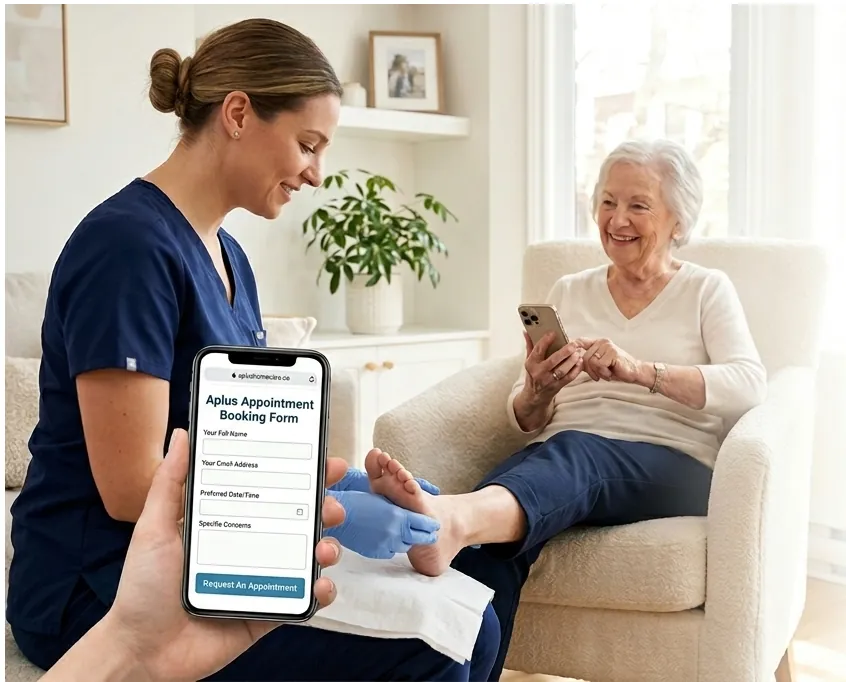 A Montreal licensed foot care nurse in professional blue scrubs guides a seated patient through the in-home mobile booking process at aplushomecare.ca.