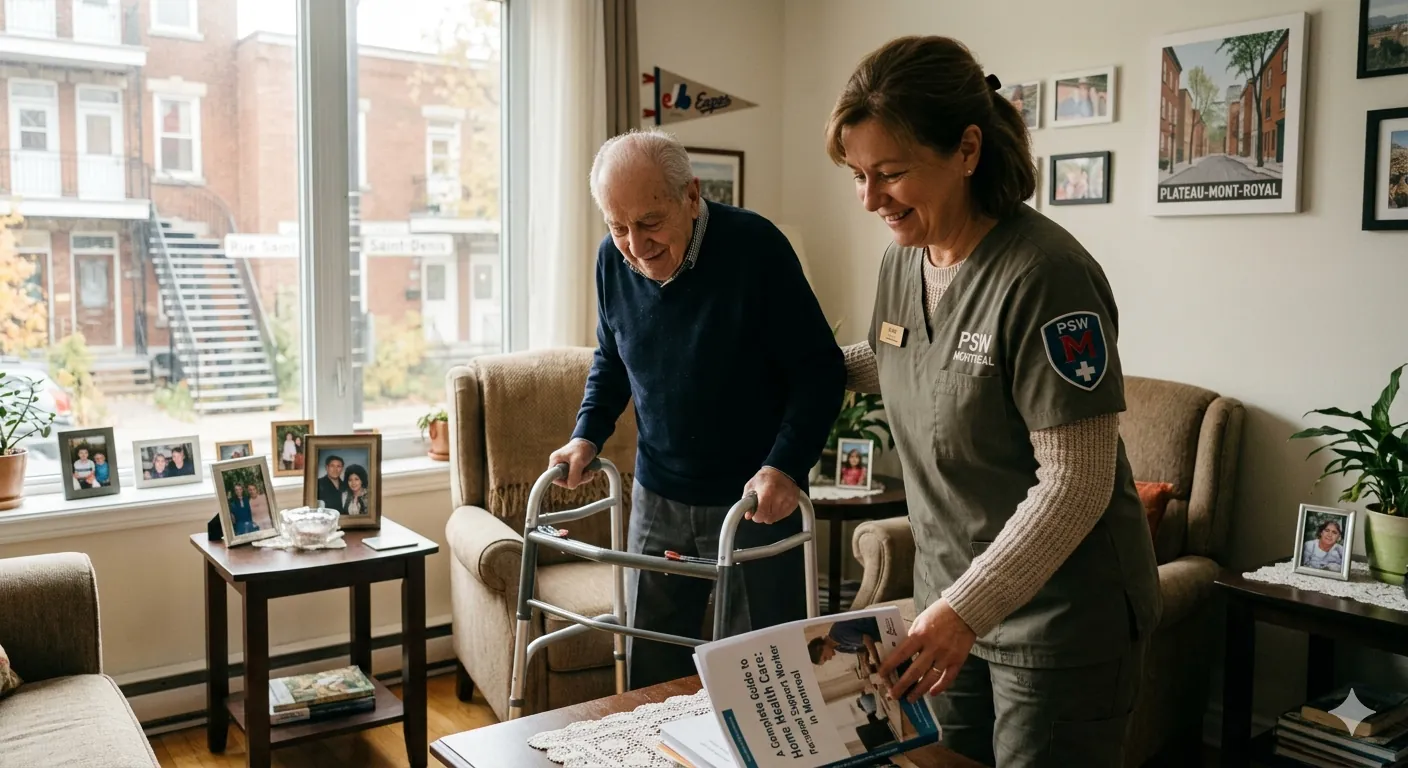 Personal Support Worker Assists Senior with Mobility in a Montreal Home A Personal Support Worker (PSW) in a branded uniform smiles and holds a guidebook while assisting an elderly man using a walker in a cozy Montreal living room. A "Plateau-Mont-Royal" poster and typical city architecture are visible in the background.