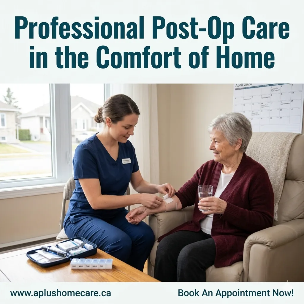 Private nurse providing professional post-surgery care and wound care for a senior patient at home in Montreal.