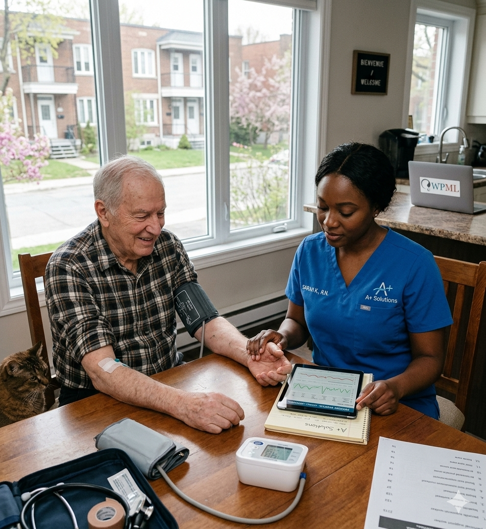 private-nurse-home-care-montreal.webp Professional private nurse in Montreal providing in-home medical nursing care and blood pressure monitoring for a senior patient.