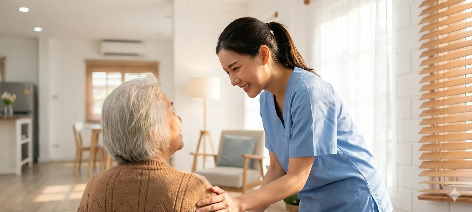 Compassionate in-home senior care in Montreal. An A+ Solutions caregiver provides personal support and gentle interaction to an elderly client in their comfortable home environment.