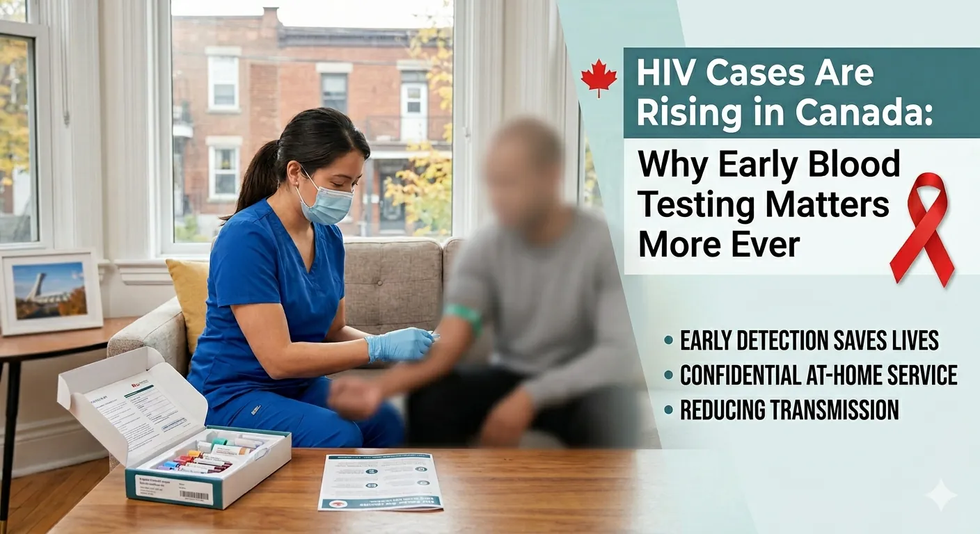 Healthcare professional performing a home blood test in Montreal for a patient, featuring text about rising HIV cases in Canada.