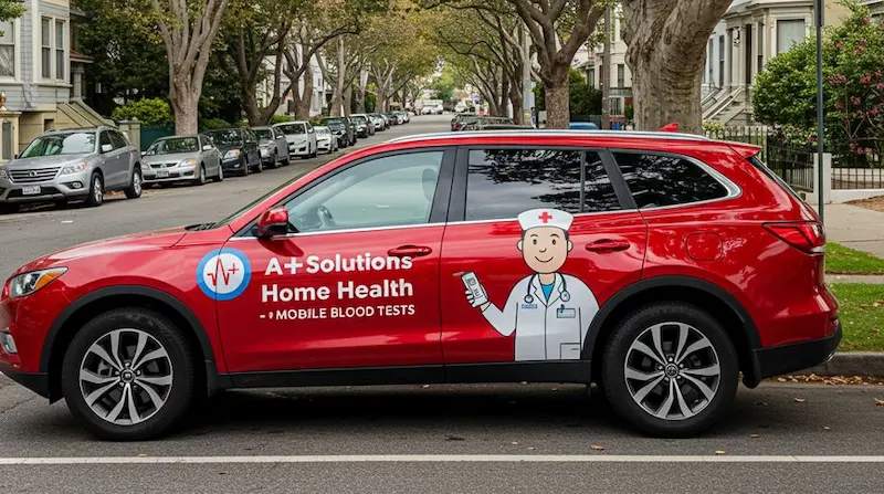 A+ Solutions branded mobile unit providing home blood tests and nursing services in Montreal, Laval, and West Island.