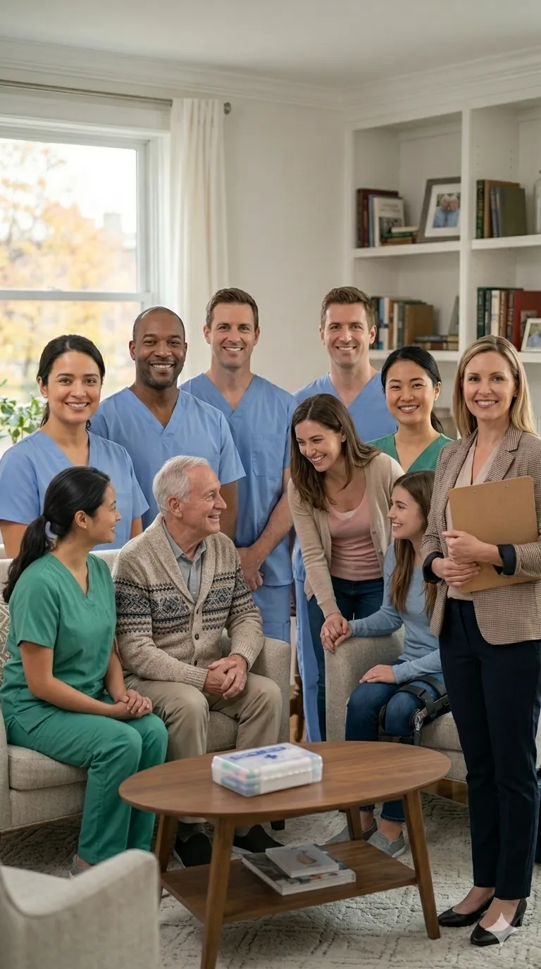 A multi-disciplinary team of Registered Nurses, LPNs, and social workers, with all their official licenses and certifications prominently displayed, gathered professionally with an elderly patient and her family member in a comfortable Montreal home setting.