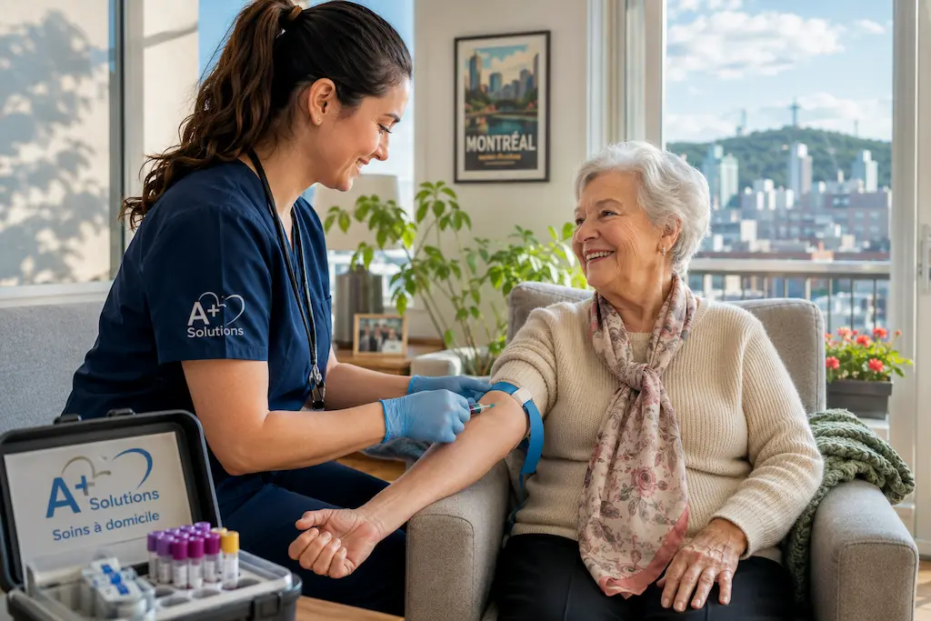 Licensed nurse performing a painless in-home blood test for a smiling senior in Montreal