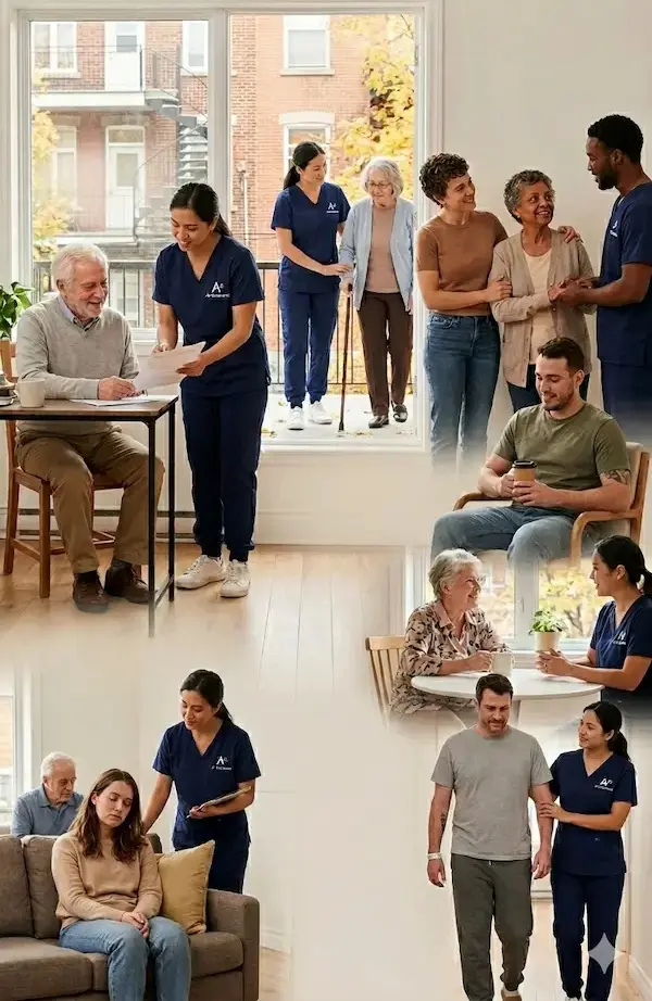 Diverse A+ Solutions caregivers and personal support workers providing compassionate home care assistance to seniors in a Montreal apartment with a view of Mount Royal and external staircases.