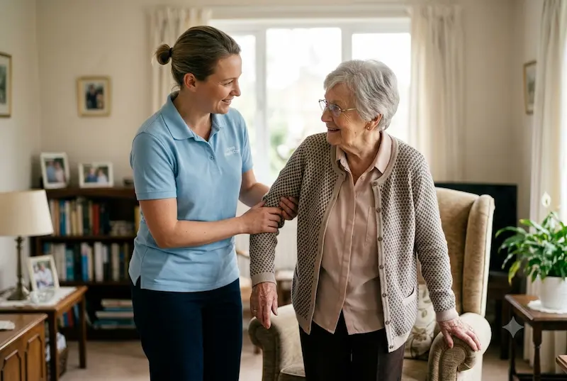 Licensed caregiver assisting a smiling senior in their Montreal home, providing compassionate personal support services from A+ Solutions.