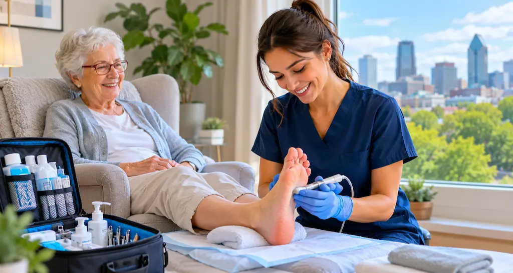 Licensed A+ Solutions mobile foot care nurse providing professional podiatric foot care to a senior client at home in Montreal.