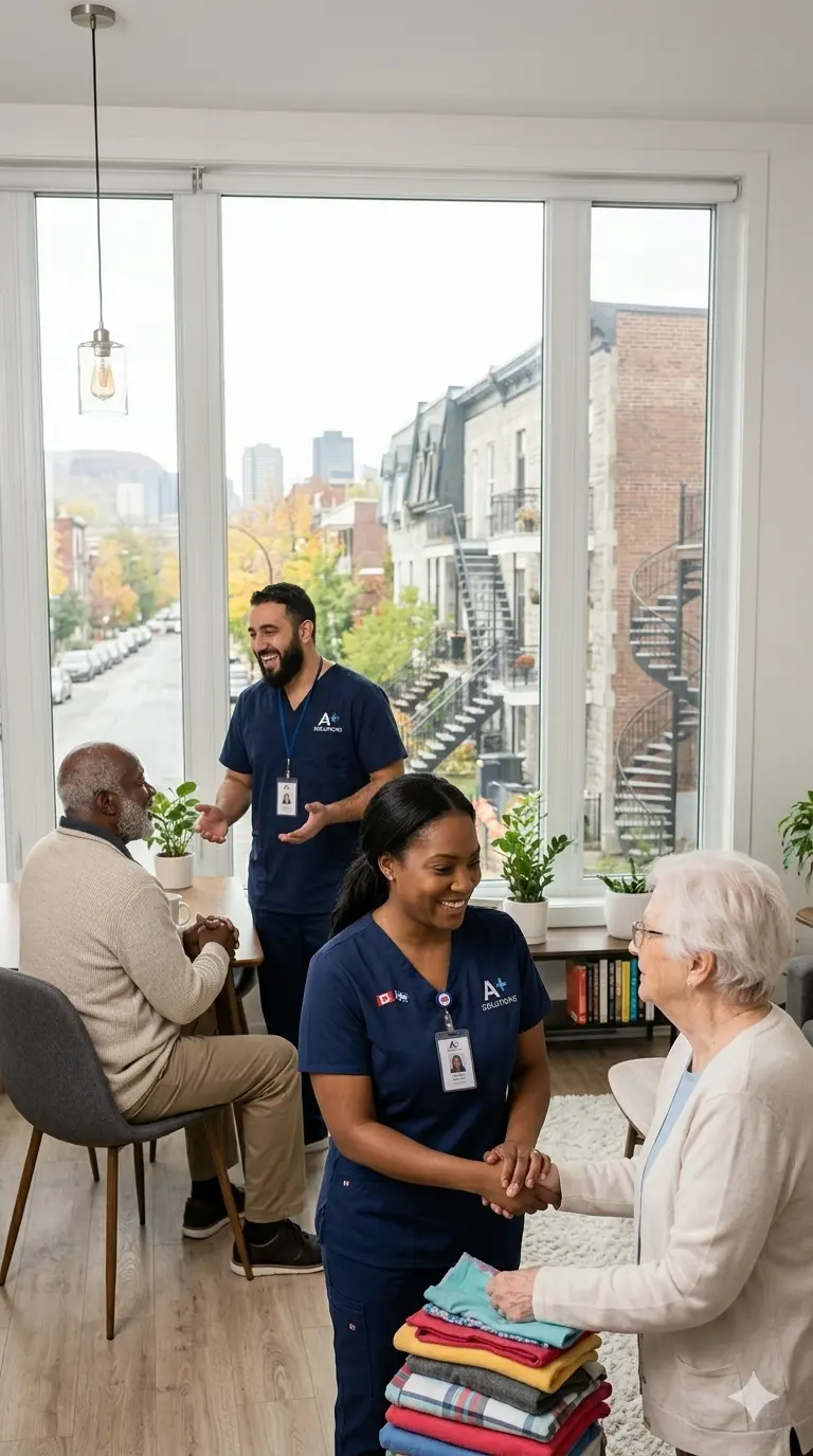 Diverse A+ Solutions caregivers and personal support workers providing compassionate home care assistance to seniors in a Montreal apartment, with a view of Mount Royal and external staircases.