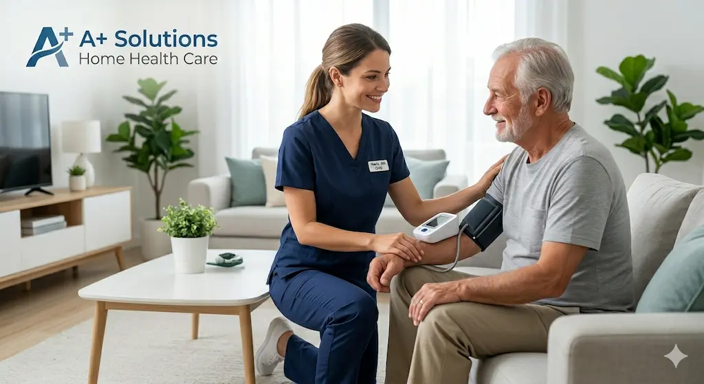 A compassionate home health nurse from A+ Solutions Home Health Care provides expert vital sign monitoring, checking the blood pressure of an elderly man during his safe recovery at home following a hospital discharge in Montreal.