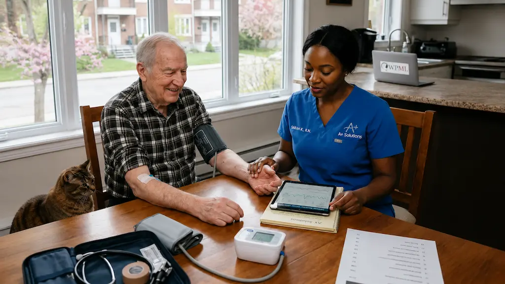 OIIQ licensed private nurse providing hospital-grade medical monitoring and post-operative care for a patient in a Montreal home.