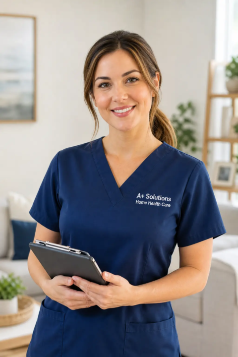 A+ Solutions Home Health Care nurse helping families choose the right home care service