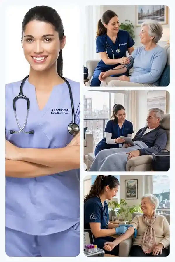 A+ Solutions Home Health Care nurse providing home care, private nursing, and blood test services in Montreal