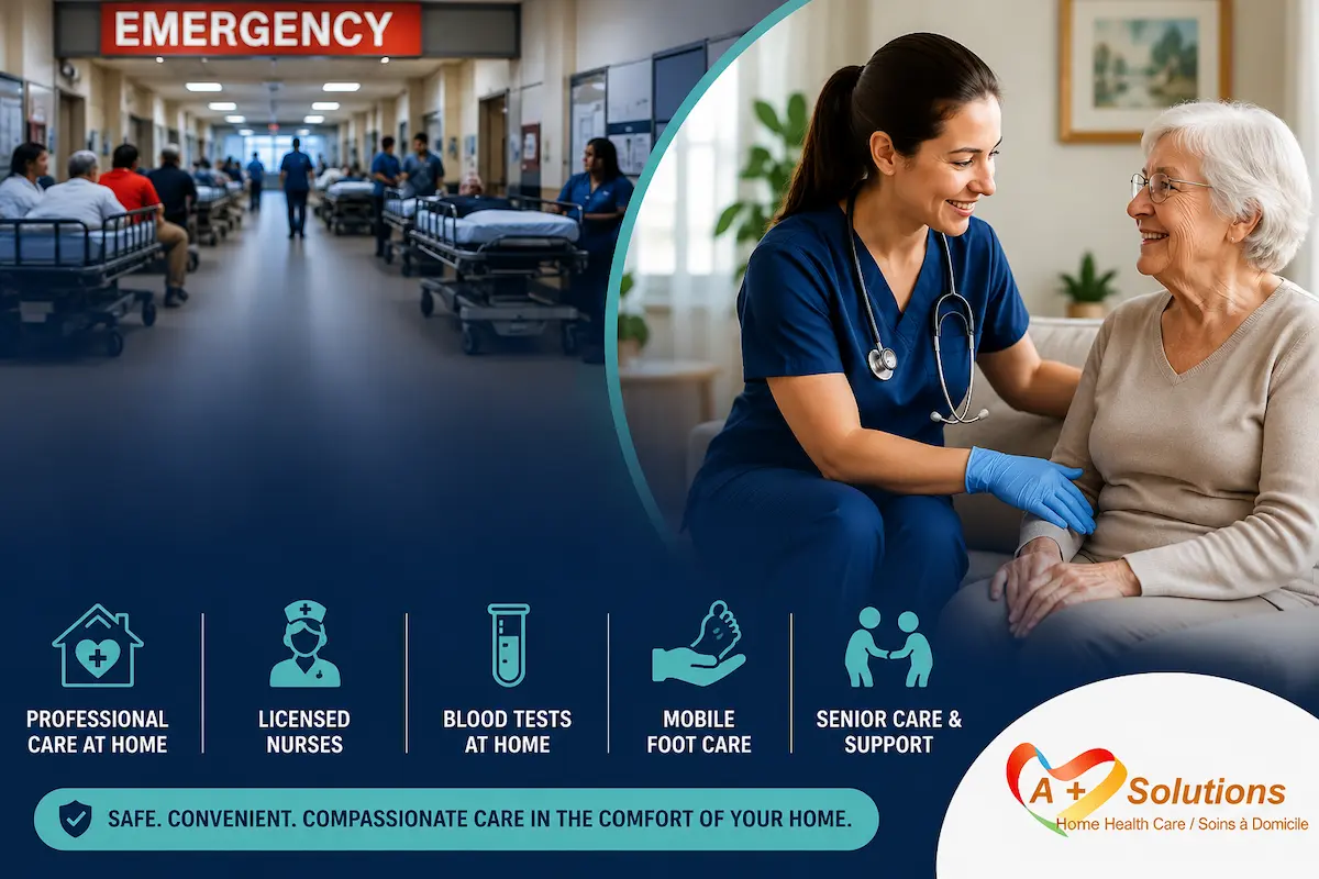 Licensed nurse providing home healthcare to a senior in Montreal while highlighting an overcrowded hospital emergency room in the background.