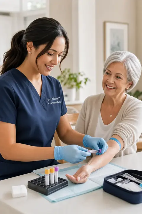A+ Solutions nurse collecting a blood sample from a smiling older patient during a private home blood test in Montreal
