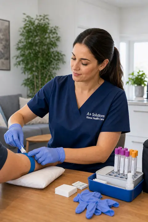 Licensed nurse providing a private blood test at home in Montreal