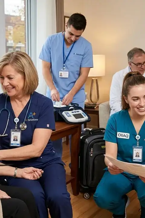 Multidisciplinary care team including OIIQ/OIIAQ nurses and PSWs providing hospital-grade home care and medical testing for a family in Montreal.